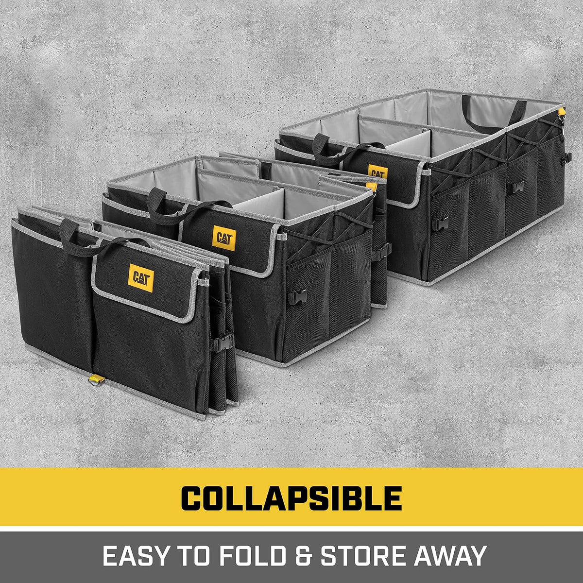 CAT® FlexTrunk Car Trunk Organizer and Storage - Collapsible Multi-Compartment Automotive Adjustable Multiple Pocket Expandable Sturdy Multipurpose Folding Cargo Store for Auto Backseat
