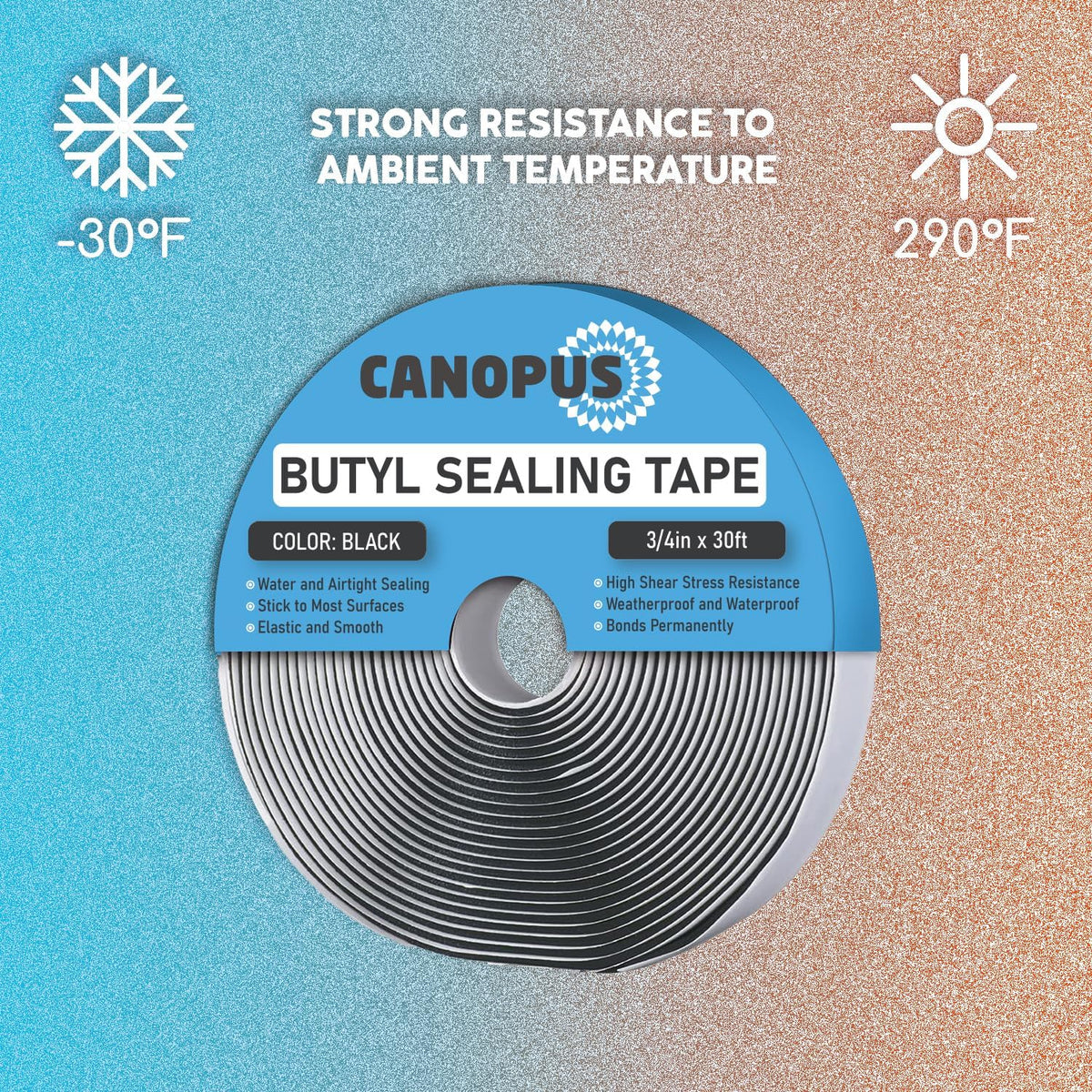 CANOPUS Butyl Seal Tape, Black, 1/8-in x 3/4-in x 30-ft, Heavy Duty, Waterproof Sealant Putty Tape, Rubber Tape to Seal RV, Boat, Home Pipes and Car Windows Leaks