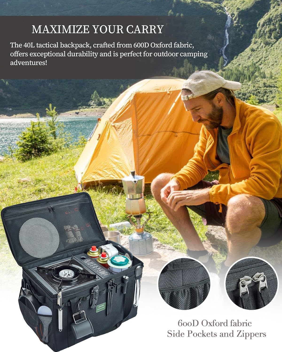 UPWOIGH 40L Heavy Duty Camping Storage Bag with Dividers, Black