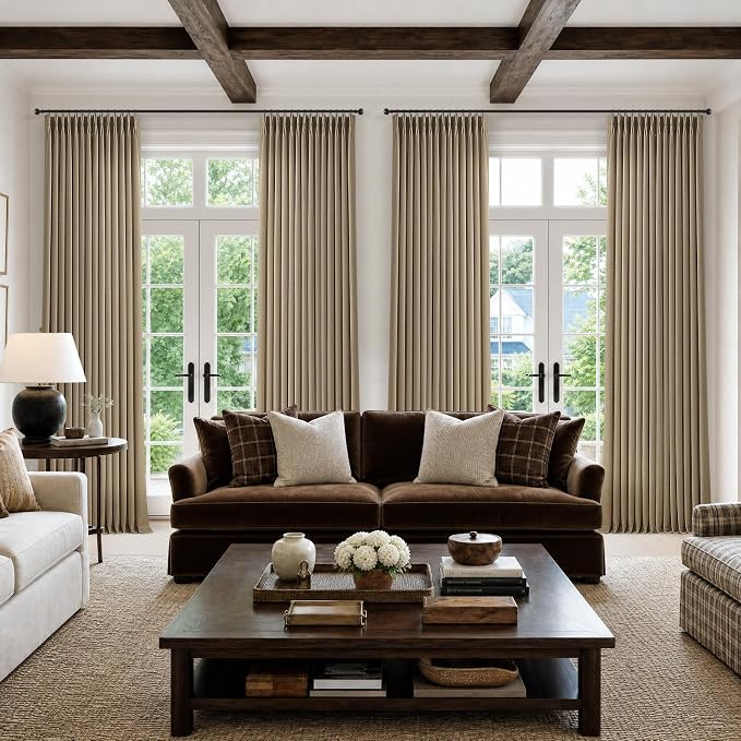 Light Brown Pinch Pleated Bedroom Curtains 96 Inches Long 4 Panels Set