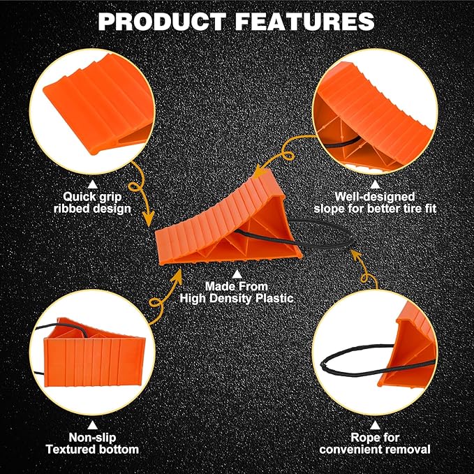 Wheel Chocks, 4 PACK Heavy Duty Wheel Chocks for Car with Rope for Easy Removal, Durable, Non-Slip, Hard Plastic Tire Stopper Blocks for RV, Camper, Trailer, Effective in Keeping Your Vehicle in Place