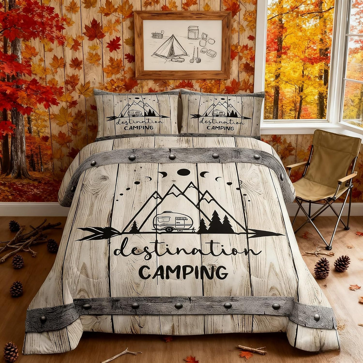 Happy Camping Car Comforter Set Twin Size,RV Camper Trailer Decor Bedding Set 2pcs for Kids Boys Girls Adults,Vintage Wooden Plank Cabin Down Comforter,Rustic Farmhouse Duvet Insert,1 Pillowcase