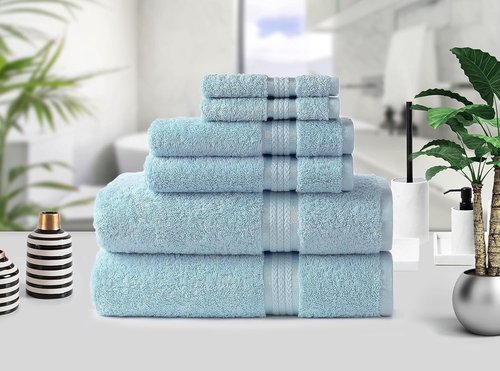 COTTON CRAFT Ultra Soft 6-Piece Towel Set | Luxury 100% Cotton - Quick Dry, Absorbent - Light Blue