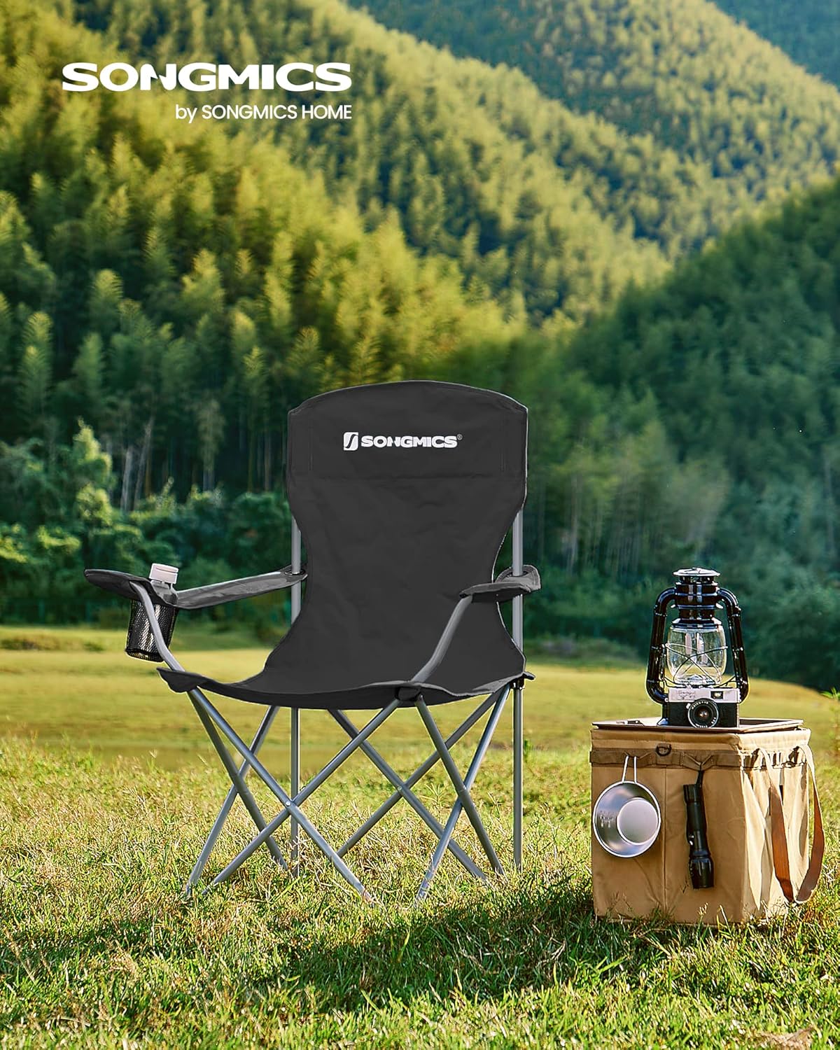 SONGMICS Folding Camping Chairs - Comfortable Heavy Duty Design | Max Load 330 lb, Black, Set of 2