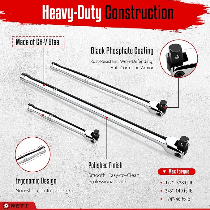 WETT 10-Piece Breaker Bar Set with 180° Rotatable Head, 1/4'', 3/8'' and 1/2'' Drive, Heavy Duty Breaker Bars with Extension Bars and Adapters, 6'', 10'' & 15'' Length, CR-V Steel