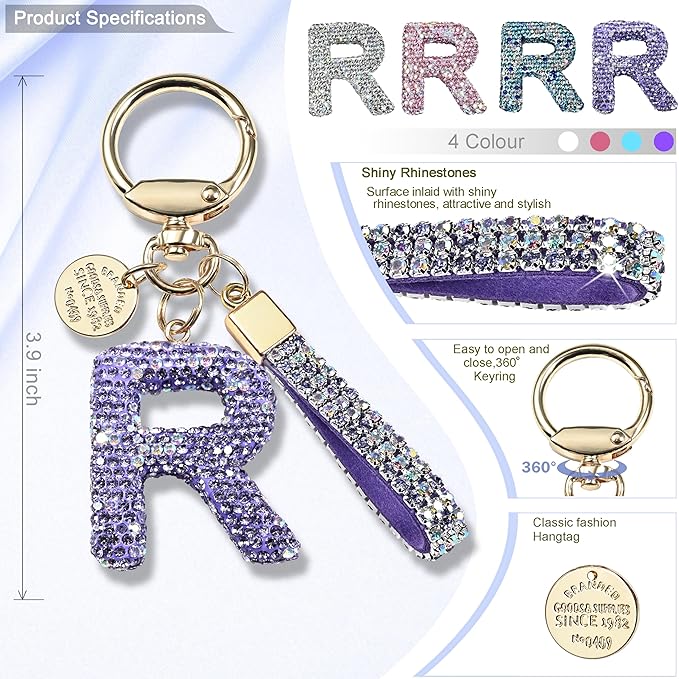 Pink Blue White Initial Letter Keychain Gift for Women Girls Bling Sparkly Cute Backpack Car Key Accessories Lanyard
