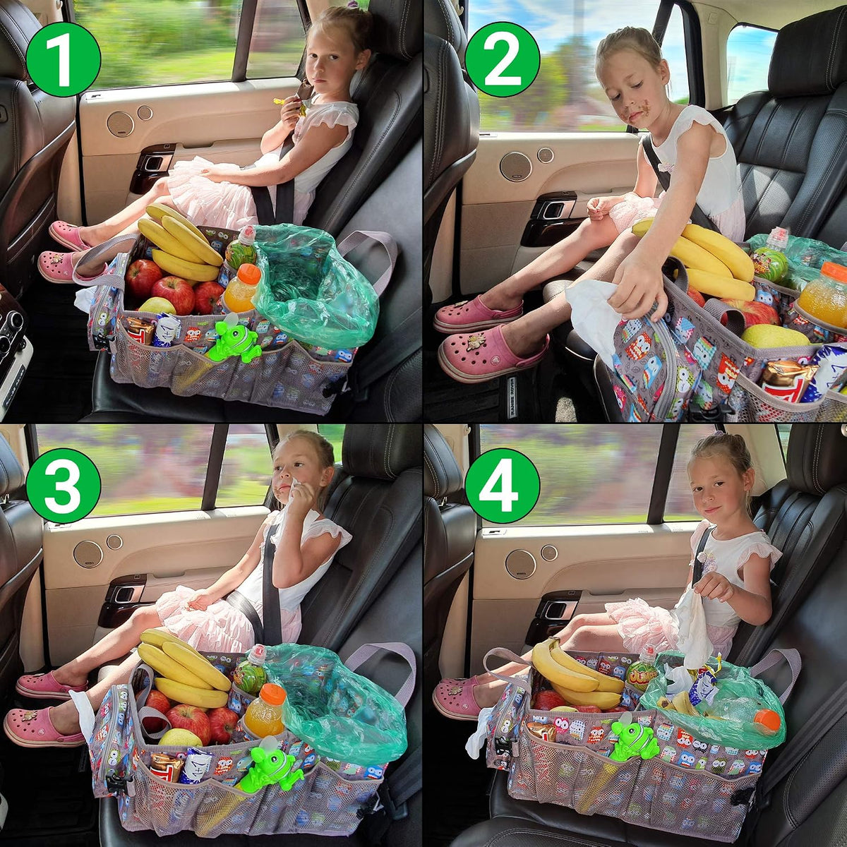 Easy-to-Reach Kids Car Organizer with Tissue Box and Cup Holder for Back Seat, Front Seat, Between Seats, Floor - Tote Car Storage Organization for Toddlers - Kids Road Trip Travel Essentials (Black)