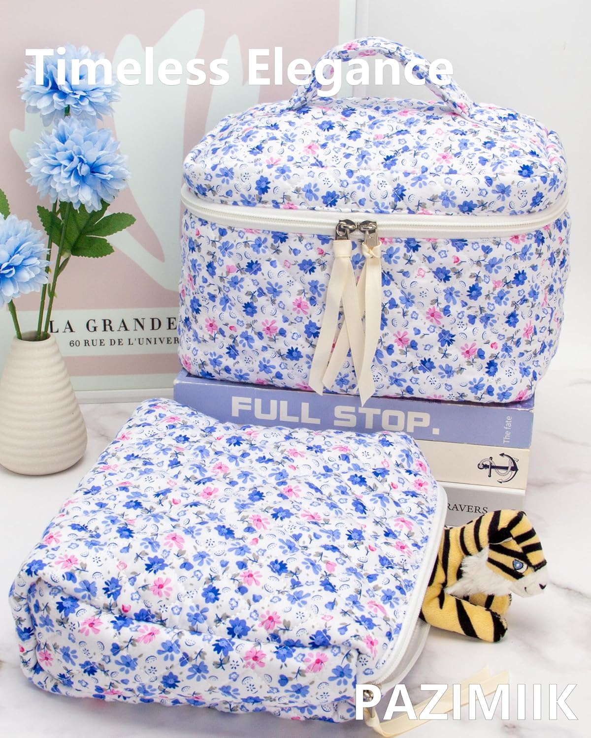 Quilted Makeup Pouch for Women, Travel Cosmetic&Toiletry Bag,Floral Blue