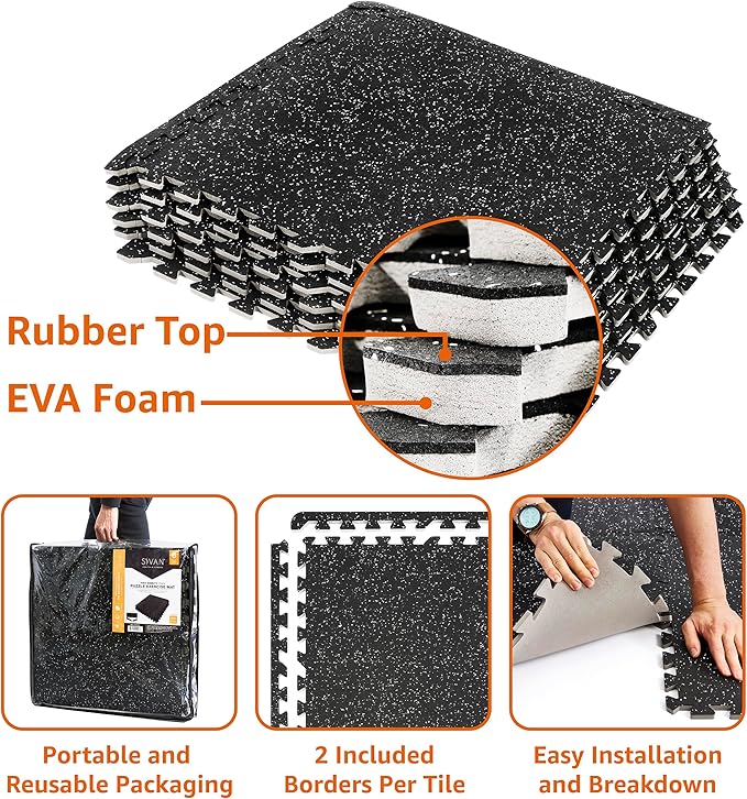 Sivan Fitness 1/2" Thick Rubber Top High-Density EVA Foam Gym Flooring for Home Gym - 48 Sq Ft Exercise Mat Tiles for Workout, Yoga, MMA, Heavy Exercise Equipment Mat - 12 Interlocking Gym Floor Mat