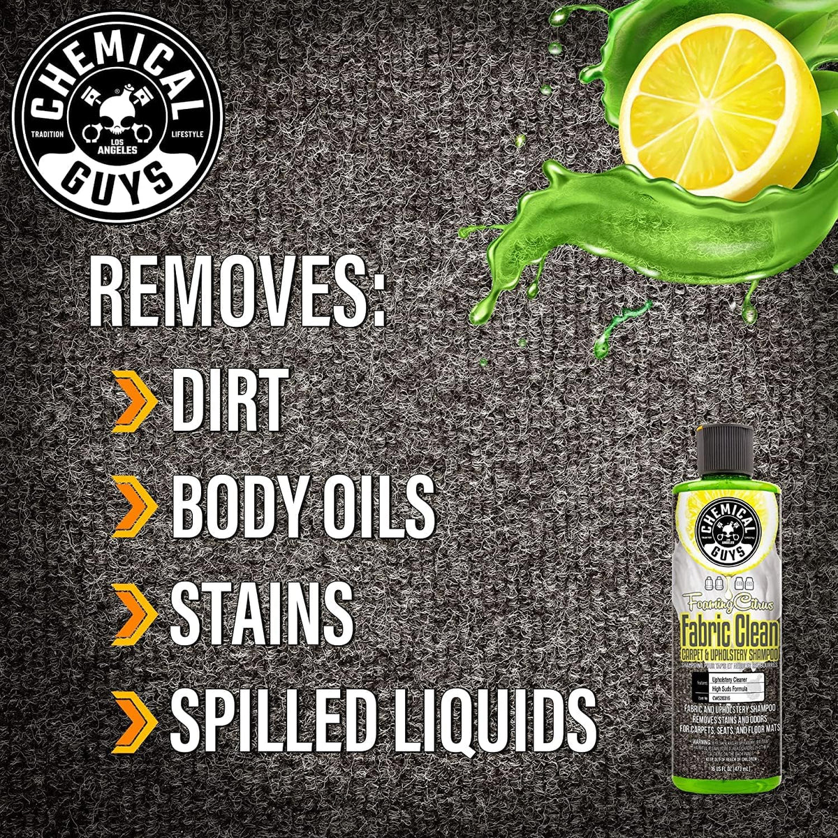 Chemical Guys CWS203 Foaming Citrus Fabric Clean Carpet & Upholstery Cleaner (Works on Car Carpets, Seats, Floor Mats & More), 128 fl oz (1 Gal) + ACCG25 Induro 7 Heavy Duty Brush (2 Items)