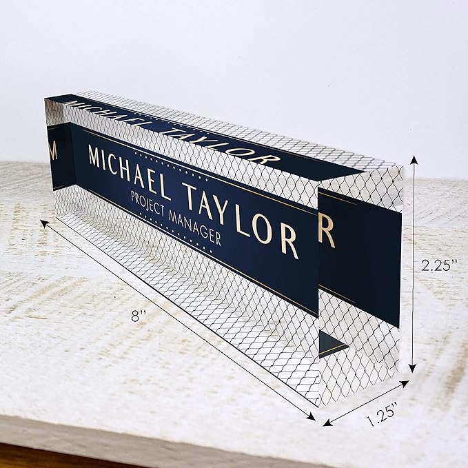 Artblox Office Desk Name Plate Personalized | Custom Name Plates for Desks | Net Shape Design On Clear Acrylic Glass | Office Desk Decor - (8" x 2.5")