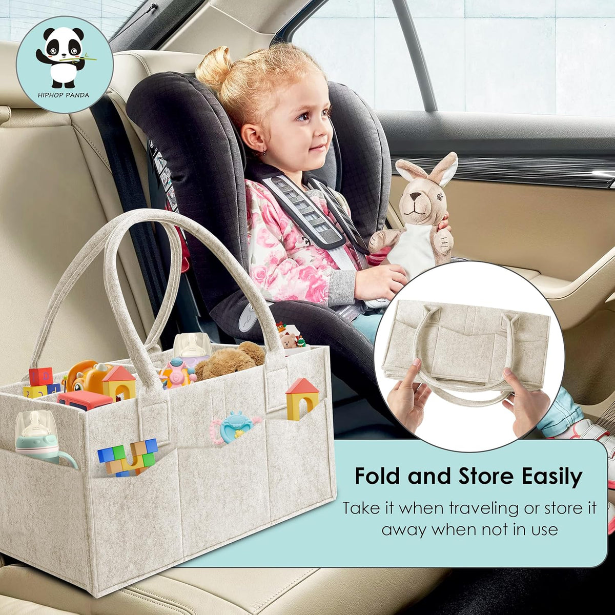 HIPHOP PANDA 2-Pack Diaper Caddy Organizer - Nursery Storage Bin & Car Organizer for Diapers, Wipes, and Baby Essentials - Dual-Color Solid Set (Green/Oatmeal), Large Size