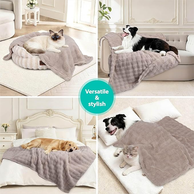 Dog Blankets Washable Pet Blanket - Fluffy Fuzzy Cat Puppy Blanket with Premium 300GSM 3D Fleece Bubble for Pet Kitten Doggy, Linen, 25x35IN