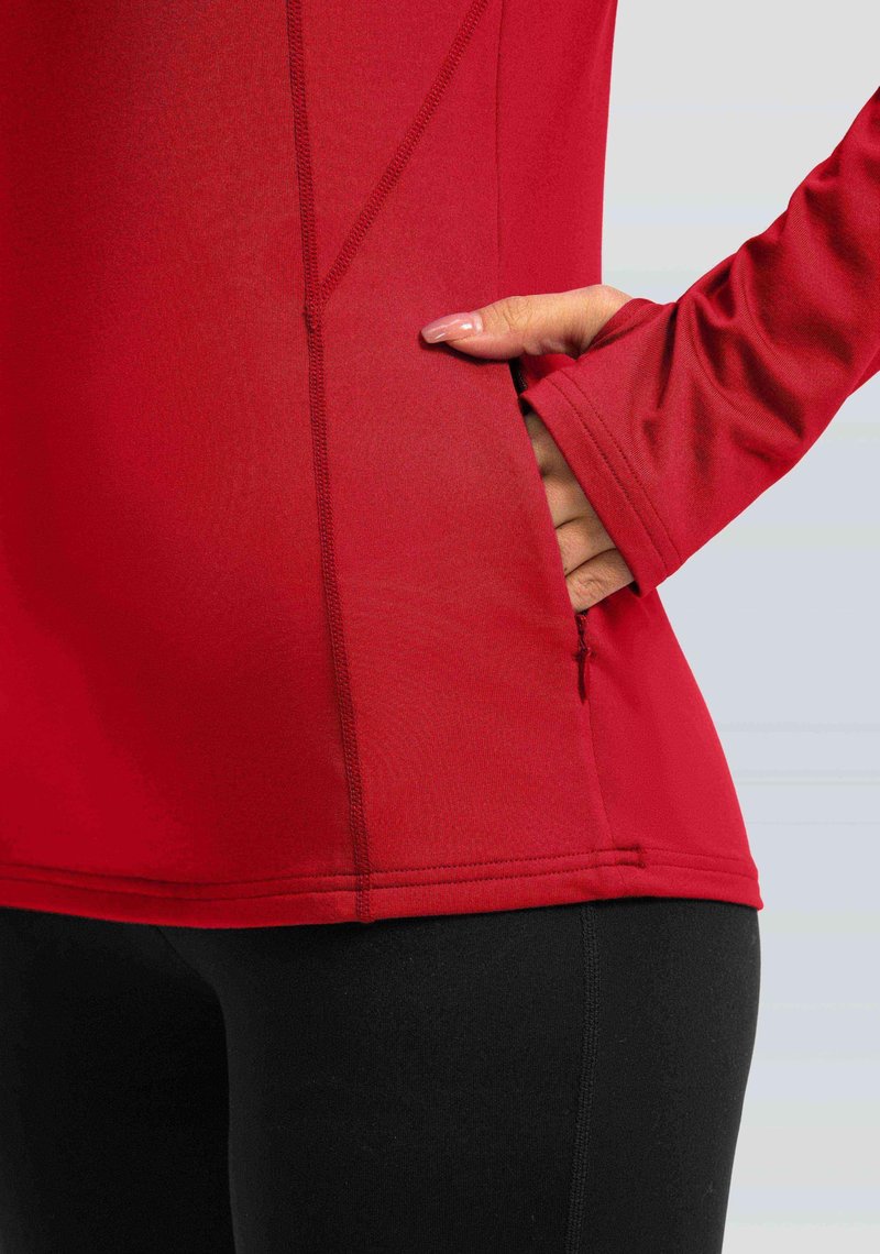 Women's Thermal Fleece Tops Long Sleeve Workout Shirts Running Athletic Base Layer with Thumb Holes Zipper Pocket(Red,S)