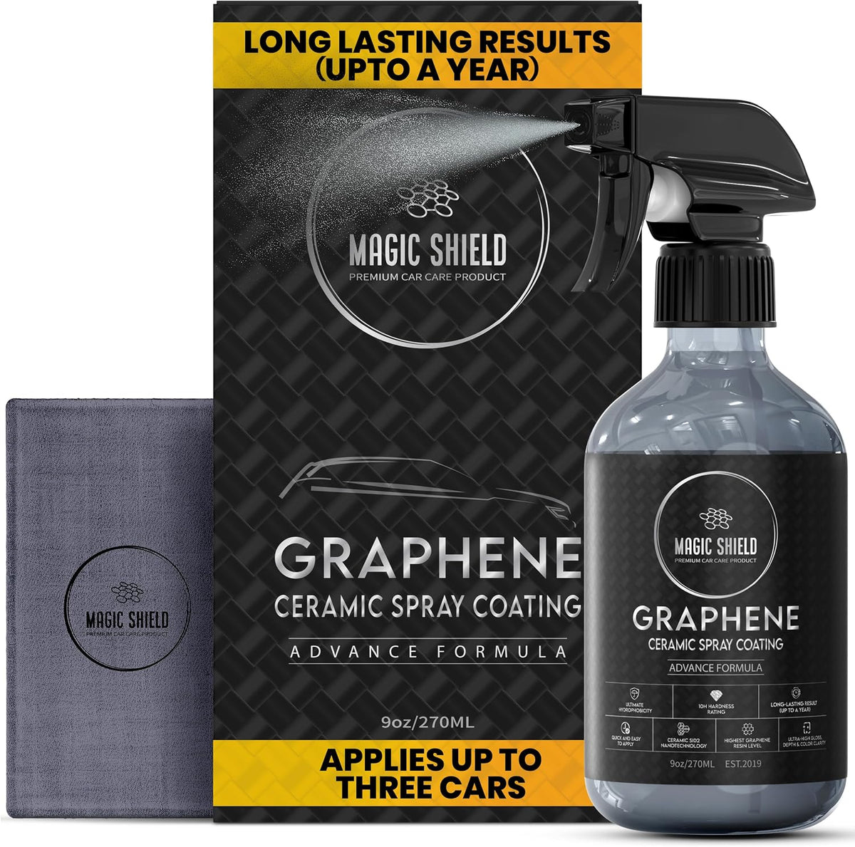 Magic Shield Graphene Ceramic Spray Coating - LAST SO LONG! Quick & Easy for Cars, Motorcycles, Boats & More - Professional-Grade Sealant for Maximum Gloss & Shine - Waterless Wash & Wax - 9oz Bottle
