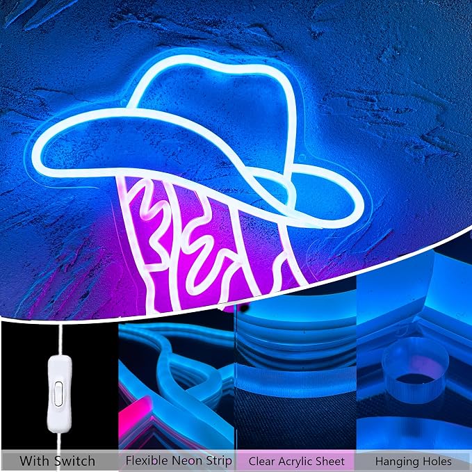 Cowboy Boot and Hat LED Neon Sign, Western Country Wall Decor