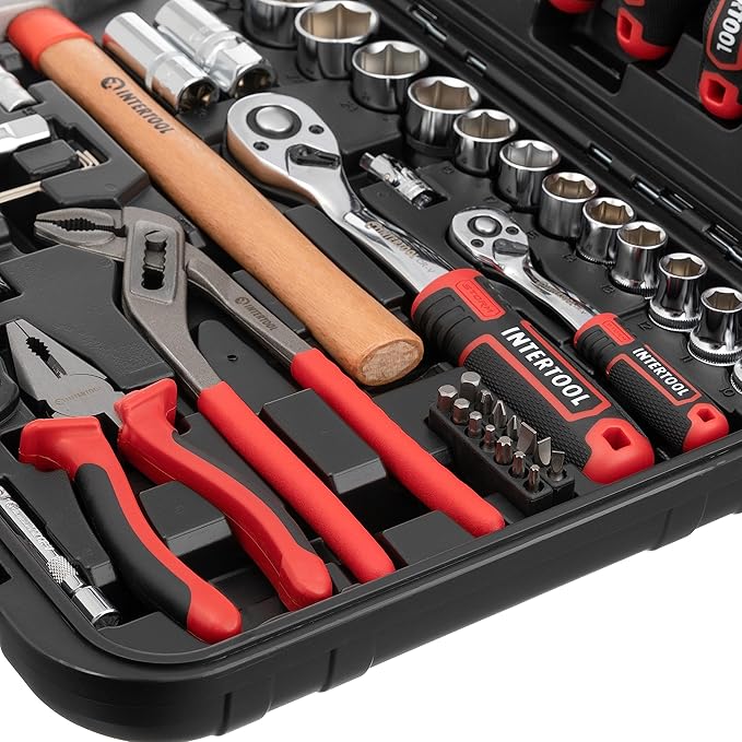 INTERTOOL Metric Tool Set, 100-Piece, 1/4” & 1/2” Drive Sockets, Wrenches, Electrical Tools, Screwdrivers, Bits, Pliers, Hammer, Car, Home, Repair, Mechanic Kit, DIY, Gift ET08-8100