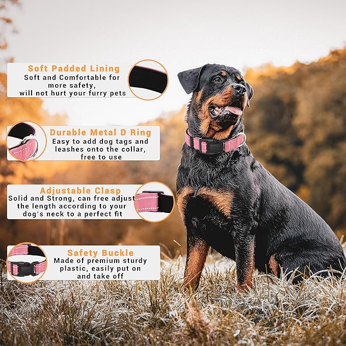 2 Pack Reflective Dog Collar with Safety Locking Buckle, Adjustable Soft Breathable Comfortable Nylon Pet Collar for Small, Medium and Large Dogs, Pink, M