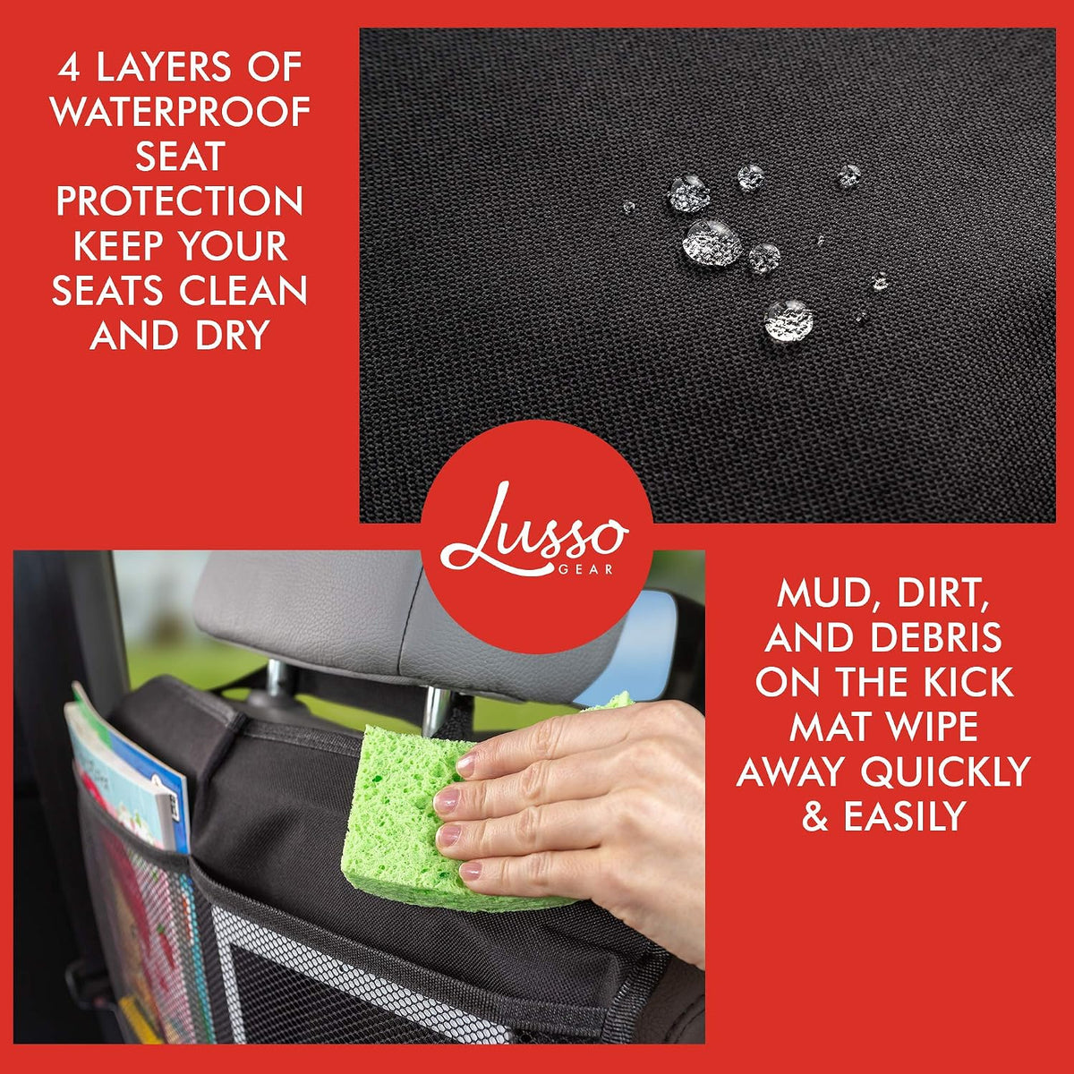Lusso Gear Kick Mats (2 Pack) - Car Seat Back Protectors, Premium Waterproof Fabric, Reinforced Corners to Prevent Sag, and 4 Mesh Pockets for Large Storage (Tan)