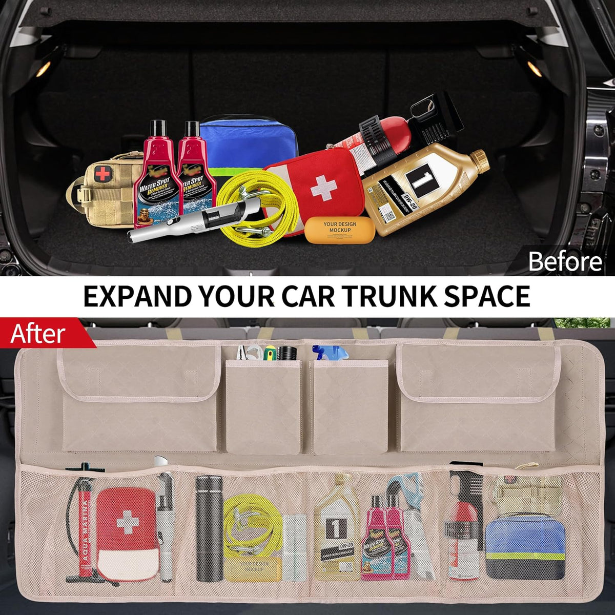 Car Trunk Organizer and Storage, Large Capacity Backseat Hanging Storage Accessories, Backseat Car Organizer for SUV/MPV/Truck (Khaki)