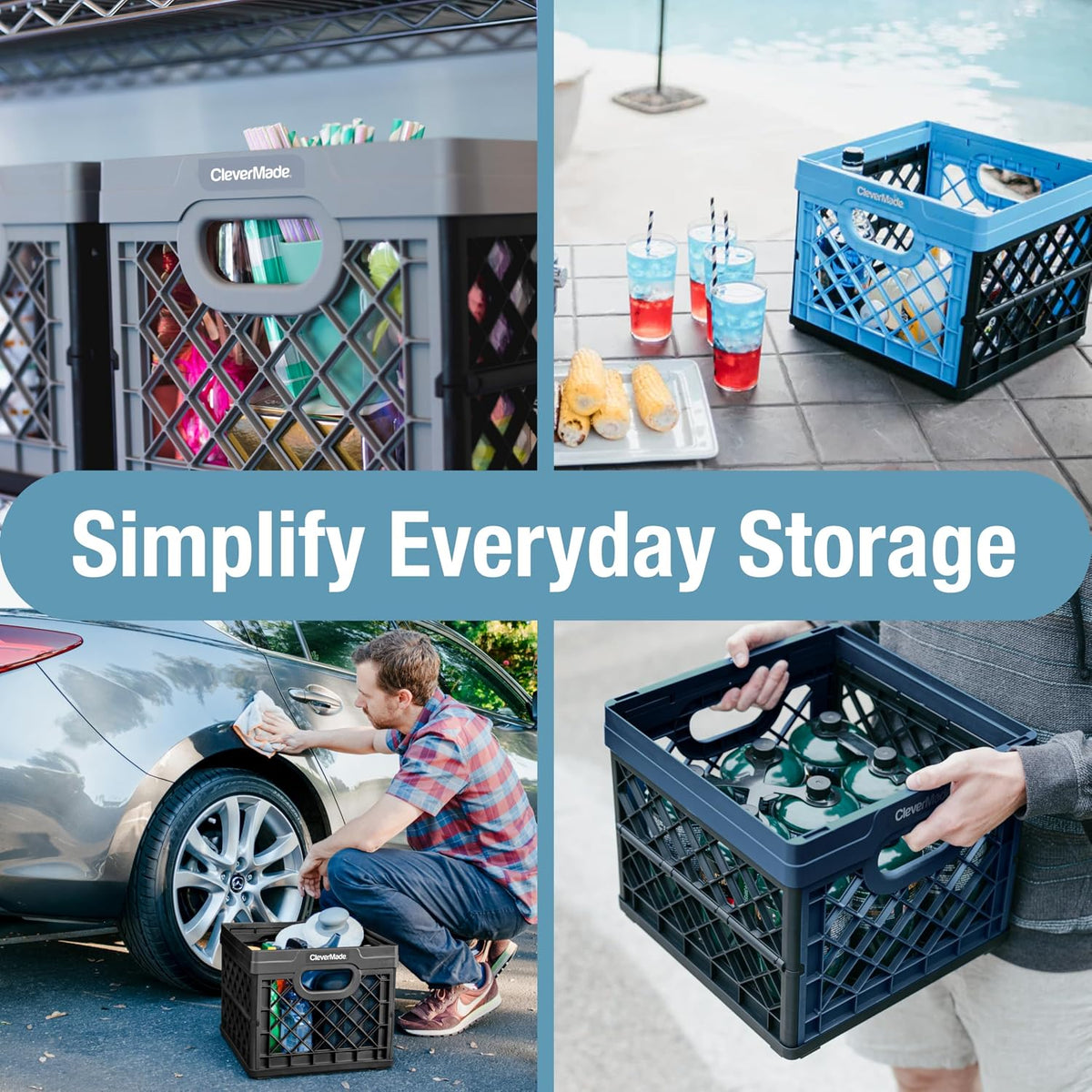 CleverMade Heavy Duty Collapsible Milk Crate, 25L, 3 Pack, 50 lb, Stone | Stackable plastic storage crate with file rails for hanging folders and organizes garages, classrooms, offices and car trunks