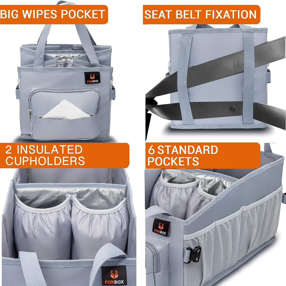 FoxBox Car Seat and Trunk Organizer, Front or Back Seat Storage - SUV Passenger Floor, Under or Between Seats Organization, Car Gifts for Men and Women (Grey)