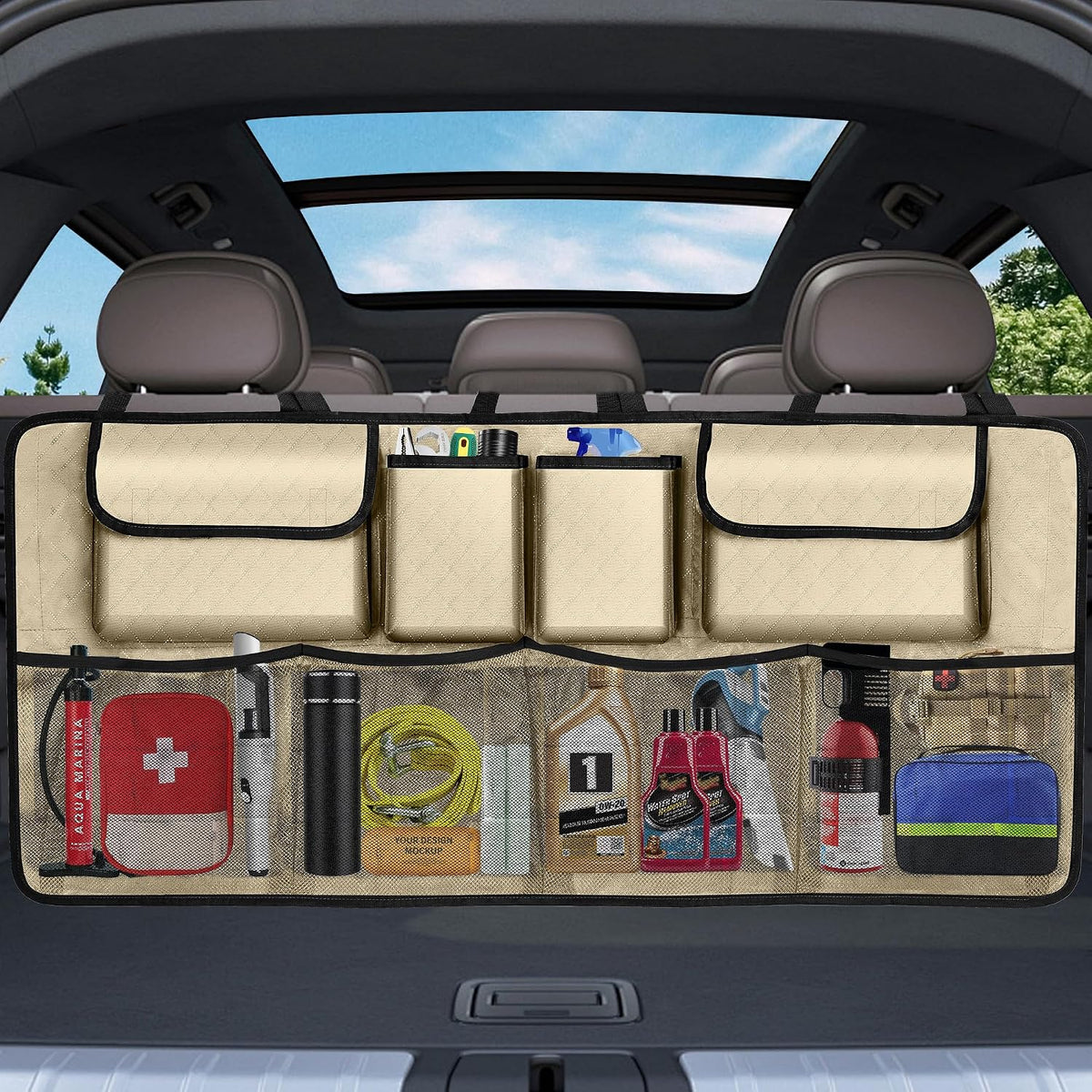 Car Trunk Organizer and Storage, Large Capacity Backseat Hanging Storage Accessories, Backseat Car Organizer for SUV/MPV/Truck (Champagne)