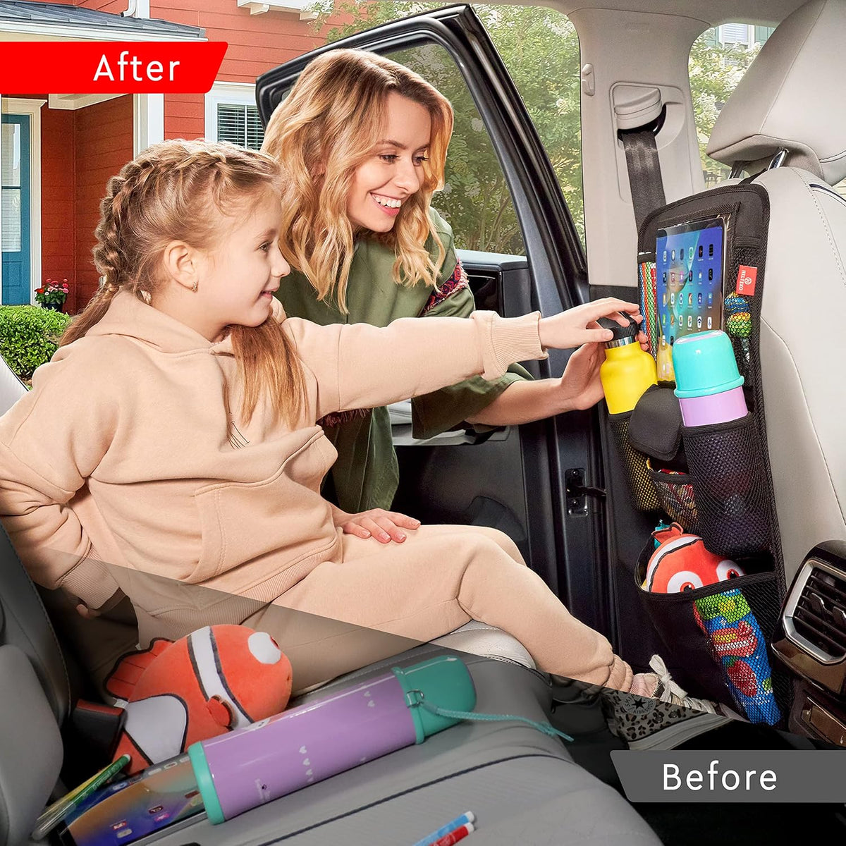 Helteko Car Seat Organizer, Ultra Version Kids Backseat Car Organizers and Storage, Waterproof Back Seat Protector Kick Mats with Tablet Holder 12" Car Accessories Interior, Gray, 2 Pack