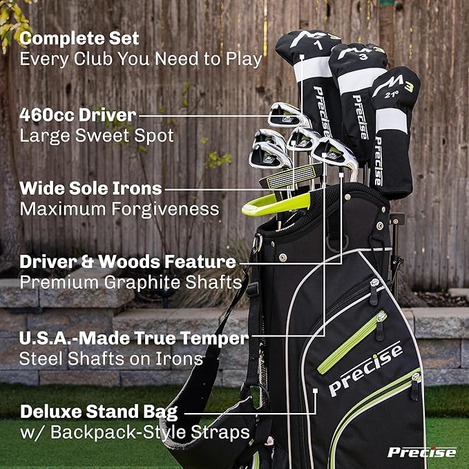 Precise M3 Men's Right-Handed Complete Golf Club Set | Package Includes: 460CC Driver, 3 Wood, 21* Hybrid, 6-9 Irons, Pitching Wedge, Putter, Deluxe Stand Bag, 3 Headcovers | Select Your Size & Color