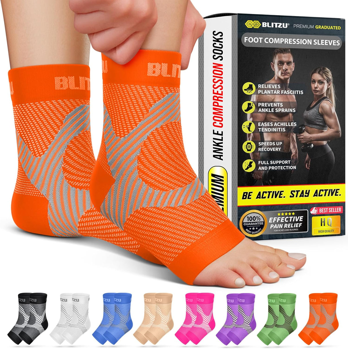 Skiennix Compression Socks - Plantar Fasciitis & Achilles Tendonitis Relief | Arch Support, Orange, S-M
