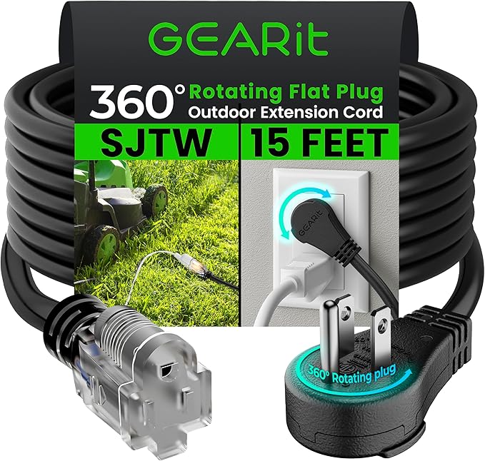 GEARit 15 Ft Extension Cords 16/3 Gauge 360° Rotating Plug Outdoor/Indoor SJTW 16 AWG 3 Prong Heavy Duty Power Cable 13A 125V 1625W for Lawn, Garden, Appliances Black