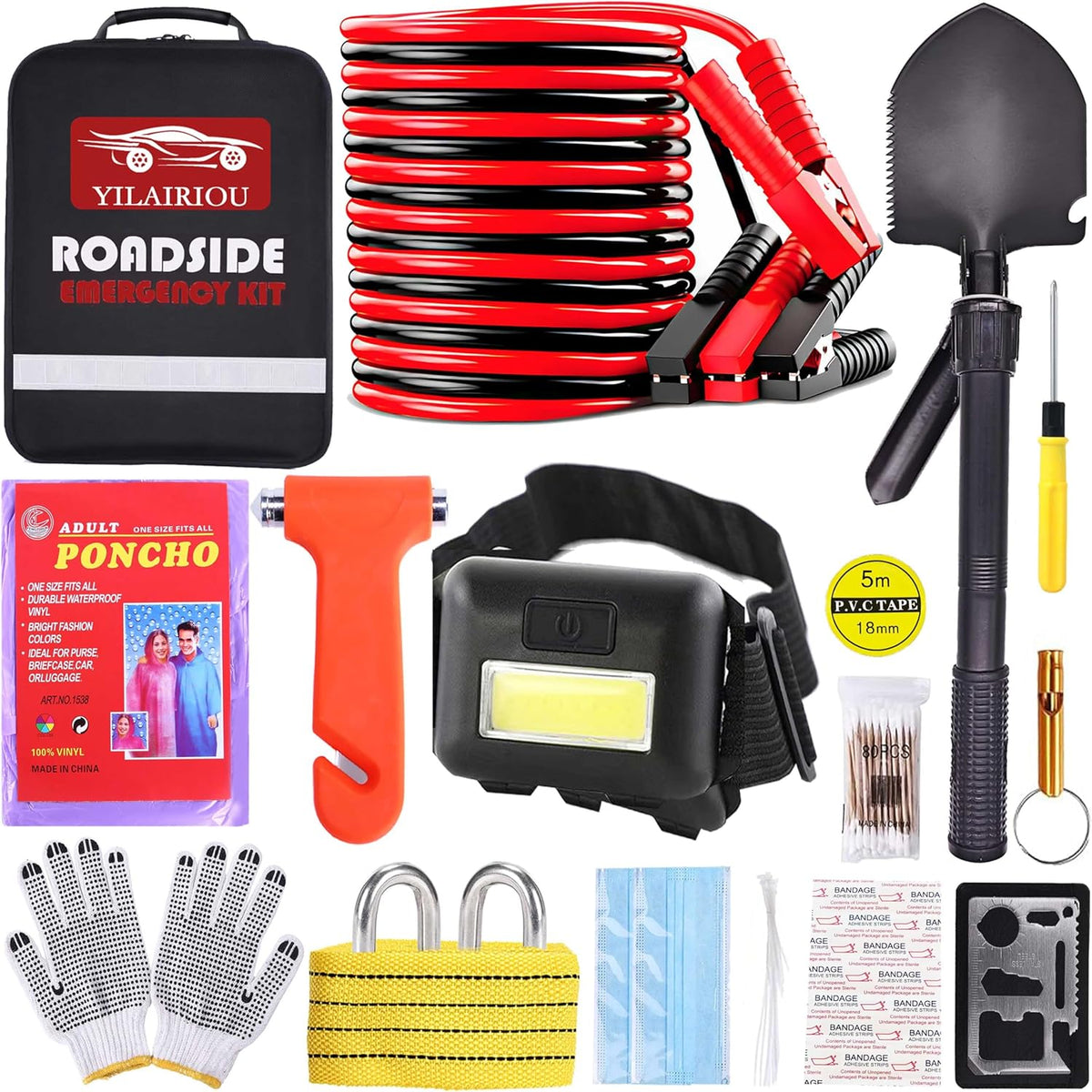 Roadside Emergency Car Kit,with Jumper Cables Roadside Kit Car Safety Kits | Emergency Car Kit Tow Straps,Headlamp, Safety Hammers, Gloves, Auto Emergency Kits Vehicles Gifts for New Drivers