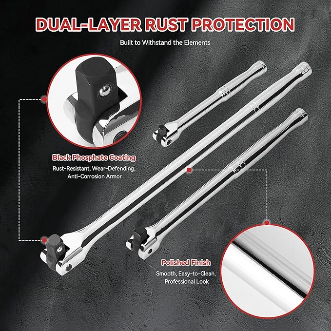 10 Piece Breaker Bar Set, 3/8" , 1/2" and 1/4" Drive, 180° Rotatable Head, 6'', 10'', 15'' Length, 3 Extension Bars, Organizer Case