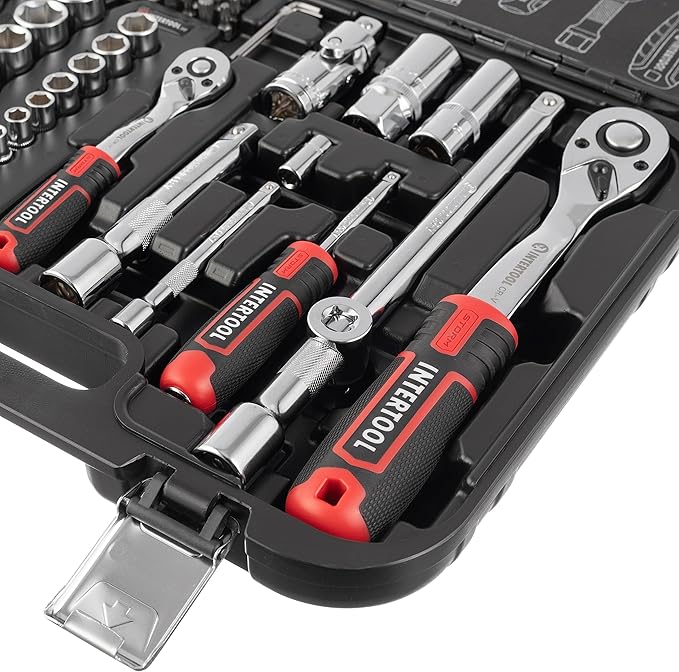 INTERTOOL Metric Socket Set 1/4” & 1/2” Drive 73-Piece 10-27 mm - for Auto Mechanics & DIY - Quick Release Ratchets, Bits, Adapters, Hard Case - Tool Gift - ET08-8073