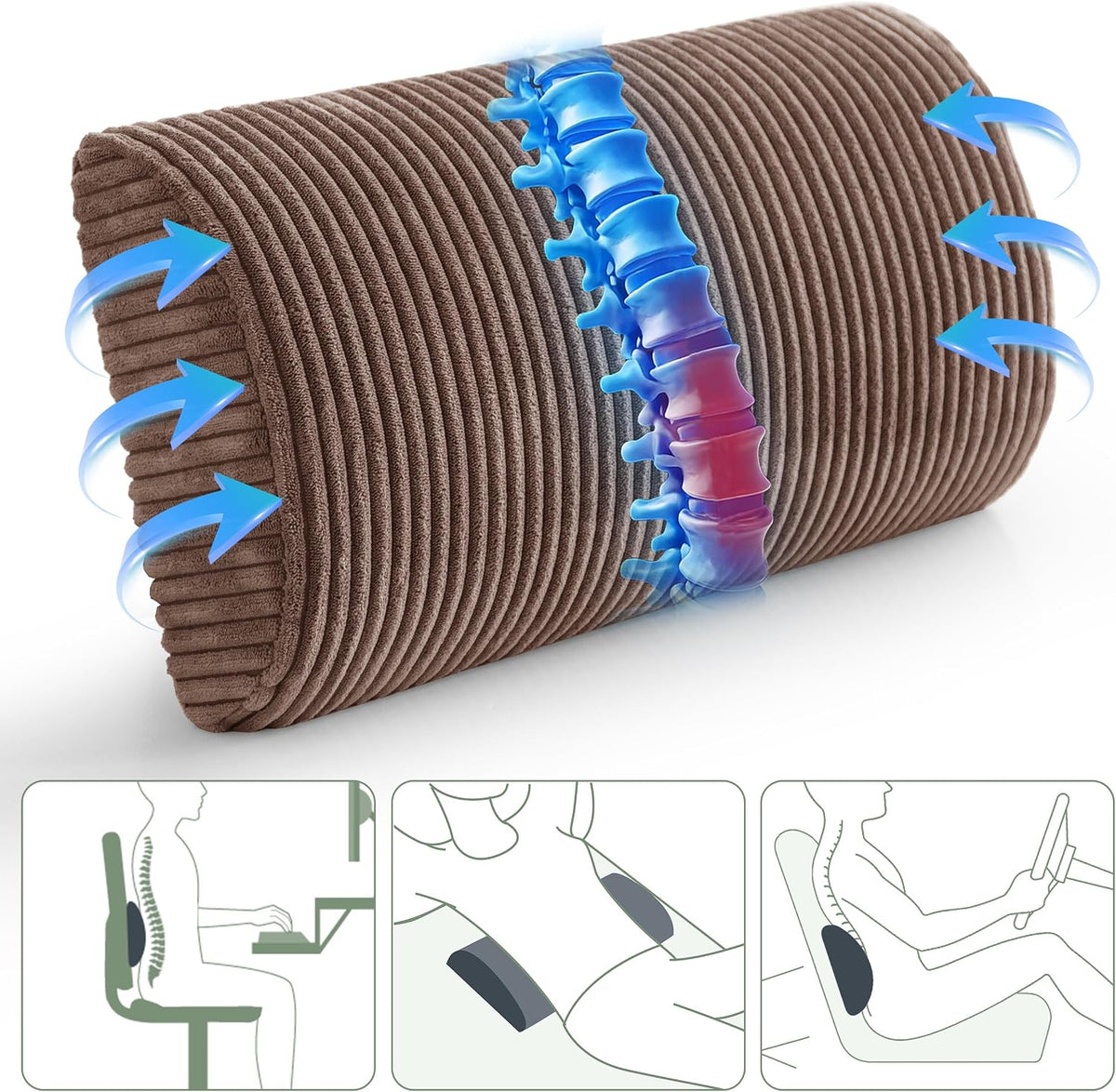 HIGOGOGO Lumbar Support Pillow for Recliner Chair/Accent Chair/Couch, Memory Foam Back Support Cushion for Elderly, Recliner Cushions for Back Rest, Pain Relief, Reading, Washable Cover, Brown