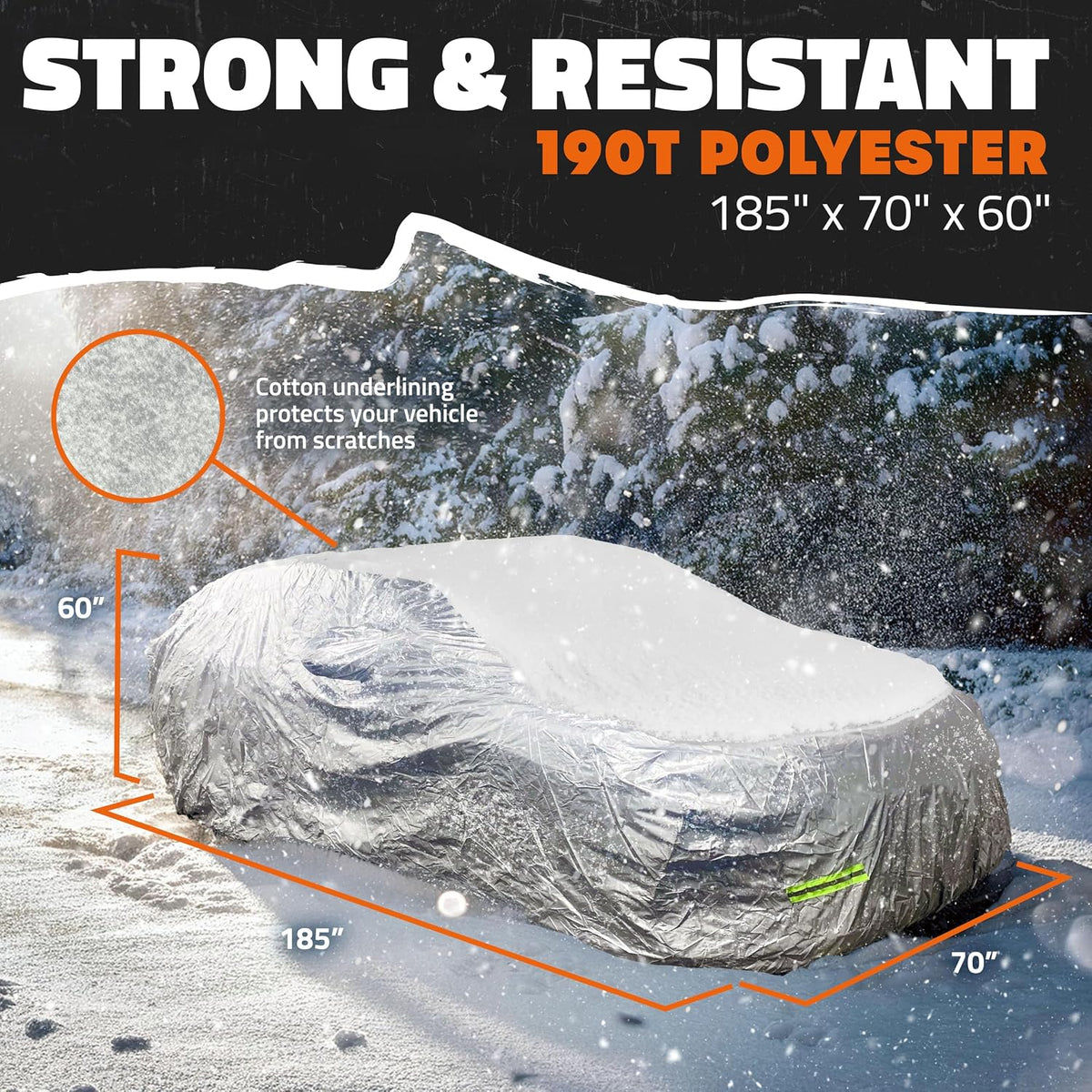 Mockins 185"x70"x60" Small Sedan Car Cover for Snow Frost UV &amp; Light Rain | All Weather 190T Polyester Outdoor &amp; Indoor Car Covers for Automobiles | Water-Resistant Full Exterior Covers with Strap