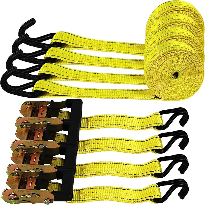 HFS(R) 4PC 1-1/2" x 15 ft Heavy Duty Ratchet Cargo Tie Down Straps 3000lbs Dual J-Hooks (Yellow)