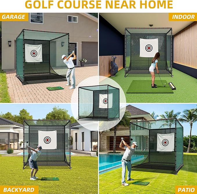 Golf Cage with Steel Freame, 7x7x7ft Golf Net with Rubber Hose, Noise Reduction for Backyard Indoor Outdoor Lawn Practice(Includes 1 Hitting Mat 6 PU Balls 1 Tee)