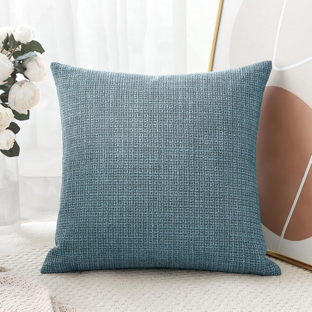 OTOSTAR Linen Throw Pillow Cover Set of 1 Decorative Square Pillowcases Cushion Covers 24x24 Inch for Home Decor Sofa Bedroom Car 60 x 60CM Blue