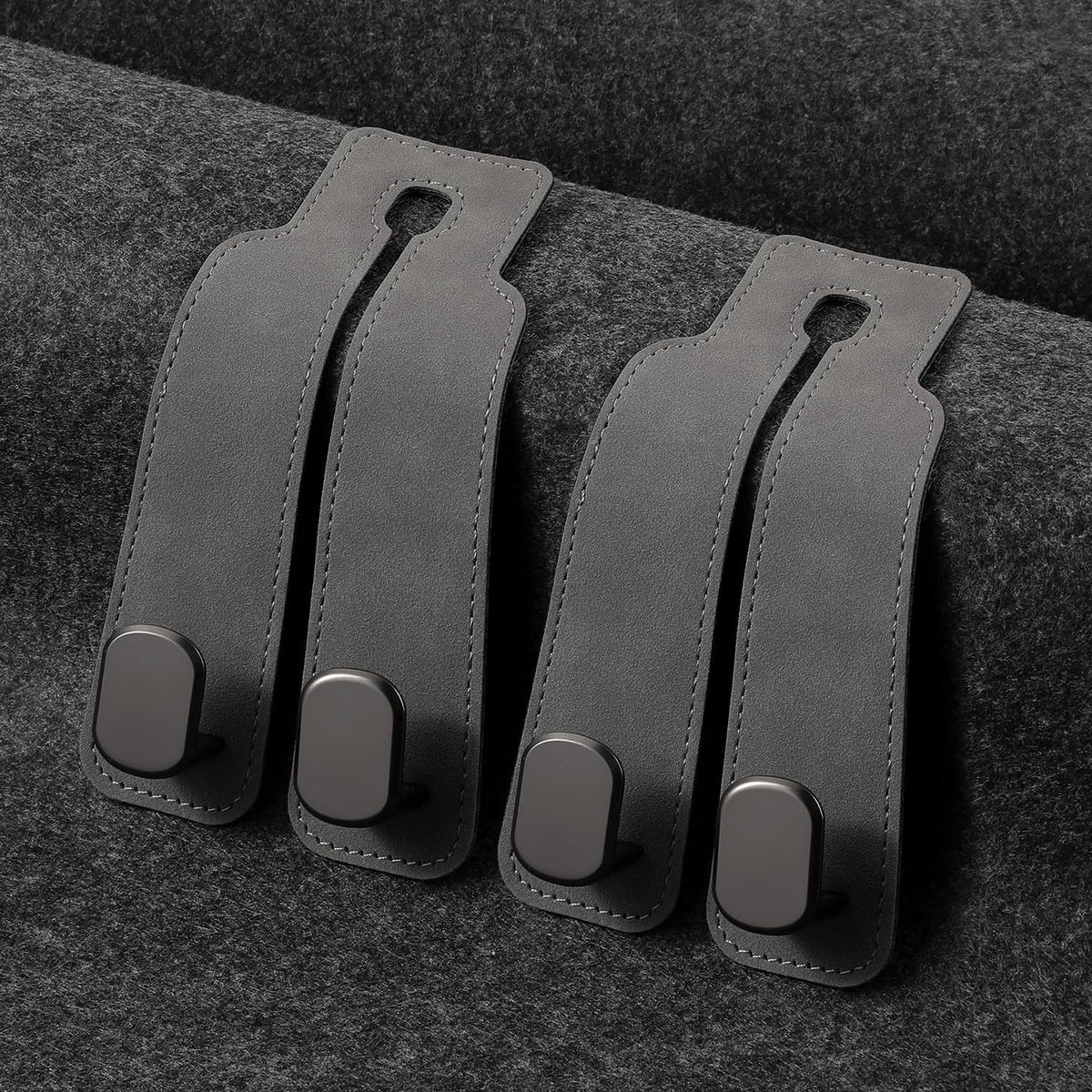 KINIVA Car Seat Headrest Storage Hooks, Set of 2, Suede PU Leather, Double Hooks (Black-4 Pack)