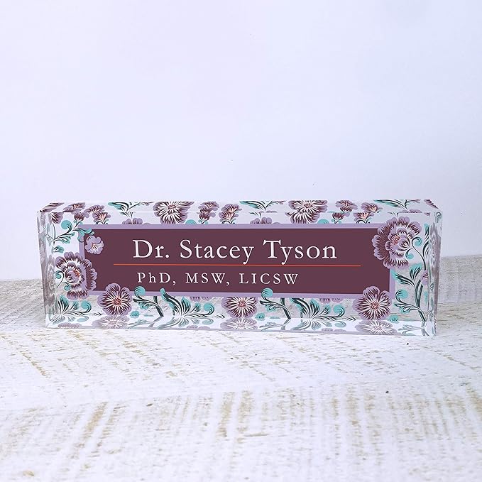 Artblox Personalized Name Plate for Desk | Vintage Design On Clear Acrylic Glass | Custom Plaque Desk Name Plate Personalized Your Name and Credentials Office Office Sign Engraved Plaque