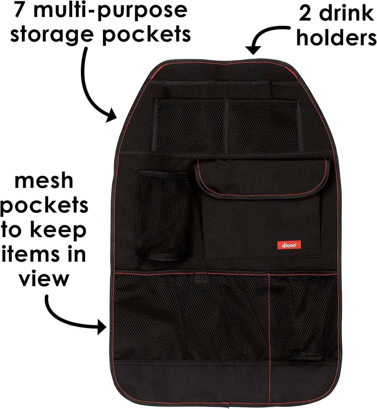 Diono Stow 'n Go Car Back Seat Organizer for Kids, Kick Mat Back Seat Protector, with 7 Storage Pockets, 2 Drinks Holders, Water Resistant, Durable Material, Black , 18x10x9 Inch (Pack of 1)