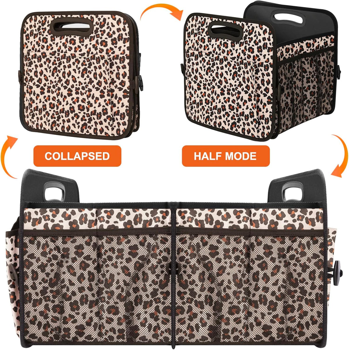 Trunk Organizer, Collapsible Trunk Organizers and Storage, Car Accessories for Women and Men, Multi-Compartment Trunk Storage Organizer for SUV, Car, Mini-Van, Leopard Print