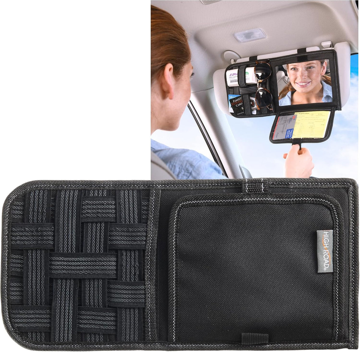 Visor Organizer with Mirror and Hidden Registration and Insurance Pocket