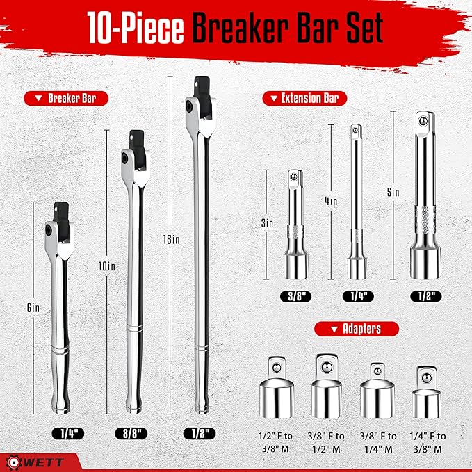 WETT 10-Piece Breaker Bar Set with 180° Rotatable Head, 1/4'', 3/8'' and 1/2'' Drive, Heavy Duty Breaker Bars with Extension Bars and Adapters, 6'', 10'' & 15'' Length, CR-V Steel