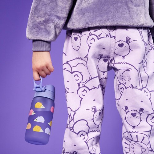 Ion8 Small Water Bottle, 350 ml/12 oz, Leak Proof, Easy to Open, Secure Lock, Dishwasher Safe, BPA Free, Carry Handle, Hygienic Flip Cover, Easy Clean, Odor Free, Carbon Neutral, Purple, Hedgehog