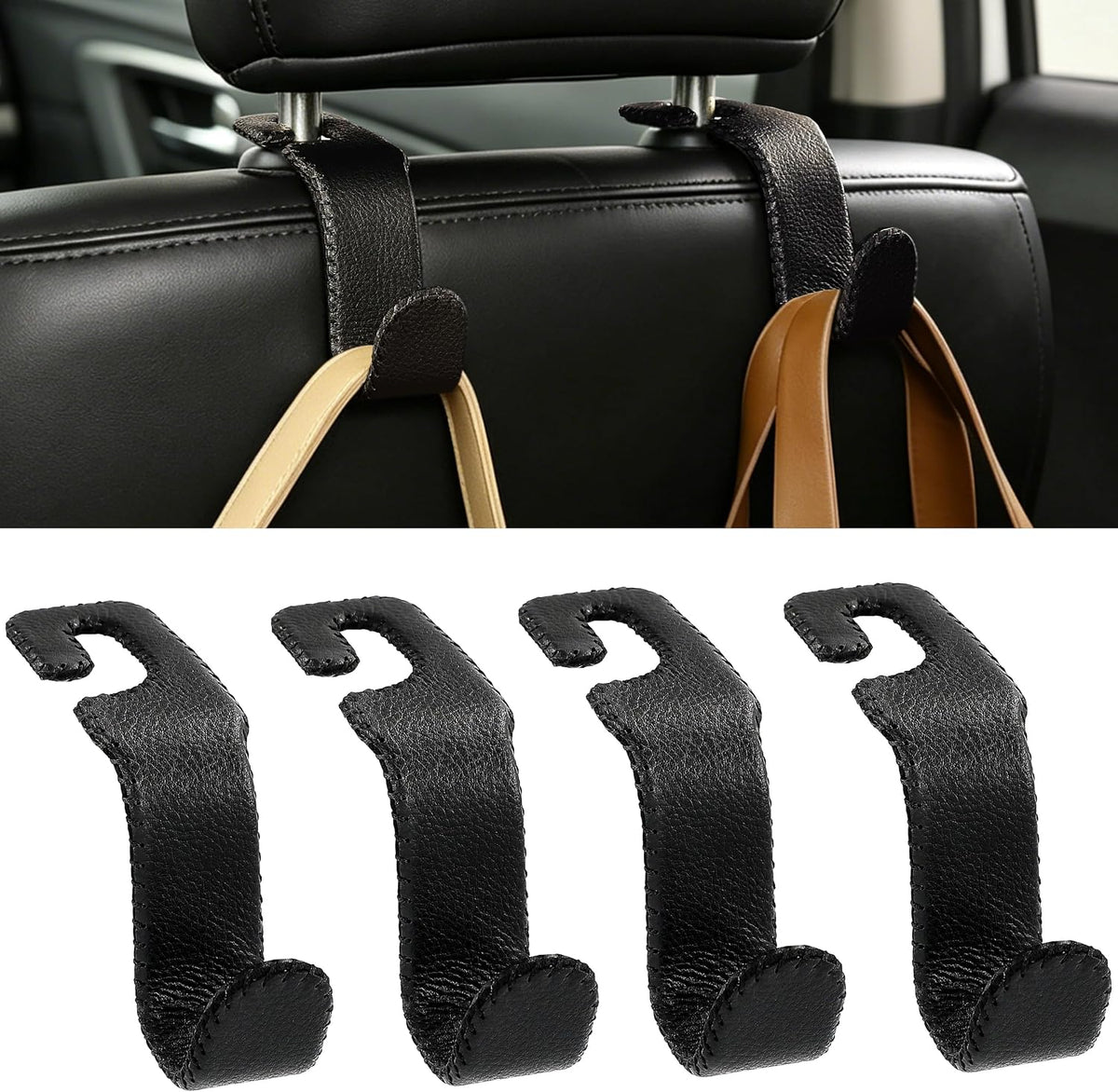 Car Seat Headrest Hook Heavy Duty 55lb Metal Hanger with Leather for Bags