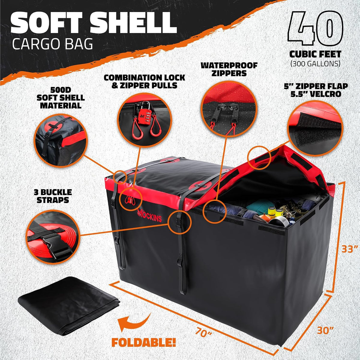 Mockins 70"x30"x6" XXL Folding Trailer Hitch Cargo Carrier w/ 500 Lbs. Cap | Luggage Rack for SUV Car Truck & RV w/ 40 CuFt Waterproof Cargo Bag for Hitch Carrier | Includes Rear Lights & Plate Bracket