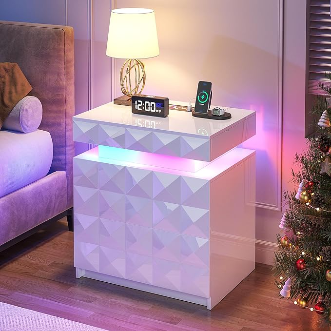 LED Nightstand with Charging Station,3 Drawers Night Stand with Lockable Hidden Storage,Smart Bedside Table with Human Sensor RGB Lights for Bedroom,White
