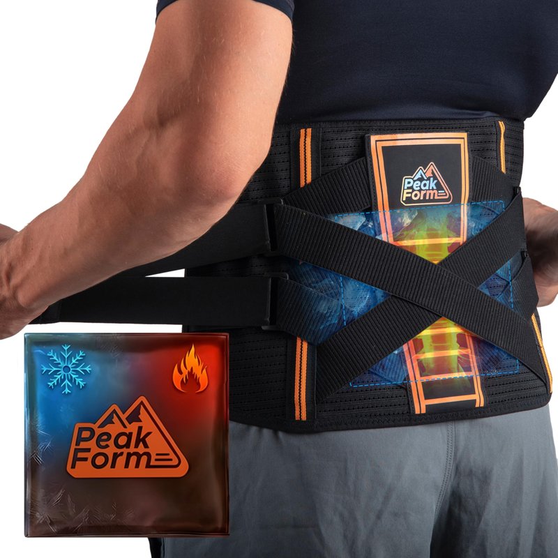 Peak Form Back Support Brace with Hot Cold Therapy - Lower Back Support For Men & Women | Ice Pack Lumbar Relief Belt | Heated Lifting at Work Backbrace Belts | Comfy Under Clothes Backsupport - L/XL